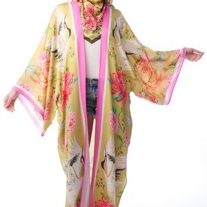 Aratta Yellow Floral Crane Kimono with Pink Trim